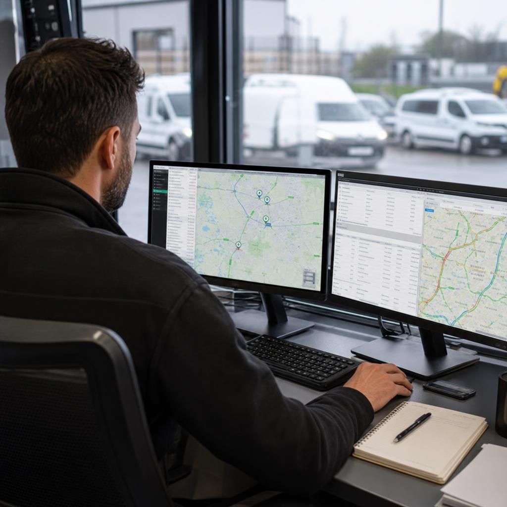 Fleet manager monitoring vehicle locations on a digital map