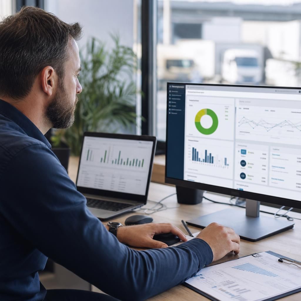 Office worker reviewing efficiency reports on computer