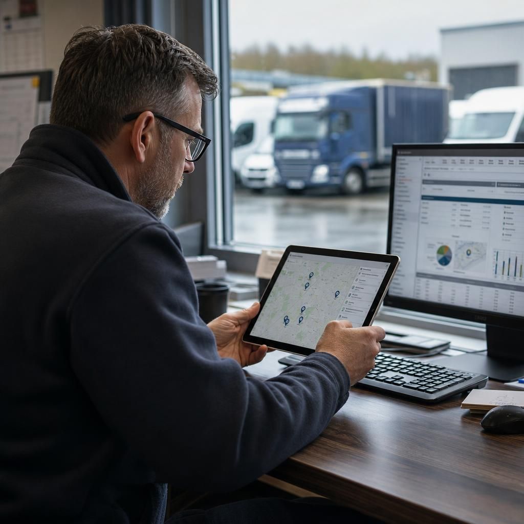 A manager overseeing a fleet of vehicles using a GPS tracking system on a tablet.
