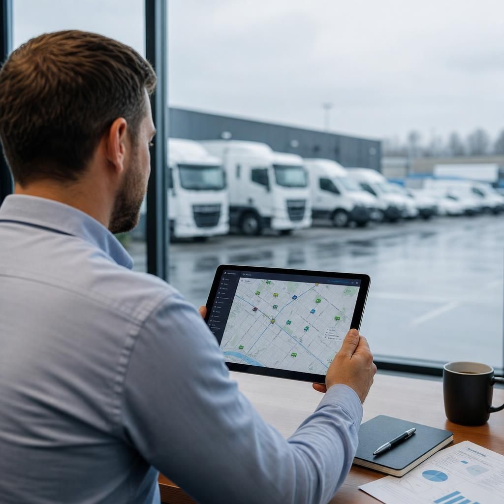 Secure vehicle parked in a well-lit facility with GPS tracking active.