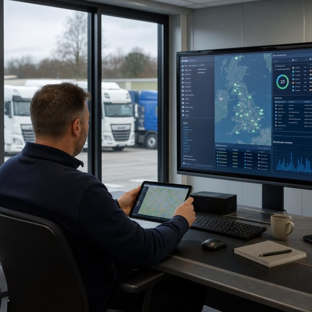 Different types of vehicles, including vans and lorries, indicating diverse industry applications of GPS tracking.