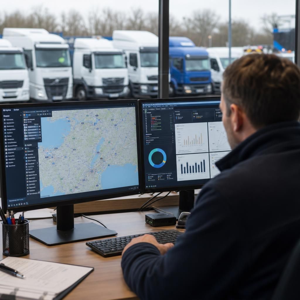 Company vehicles equipped with GPS trackers in a city environment