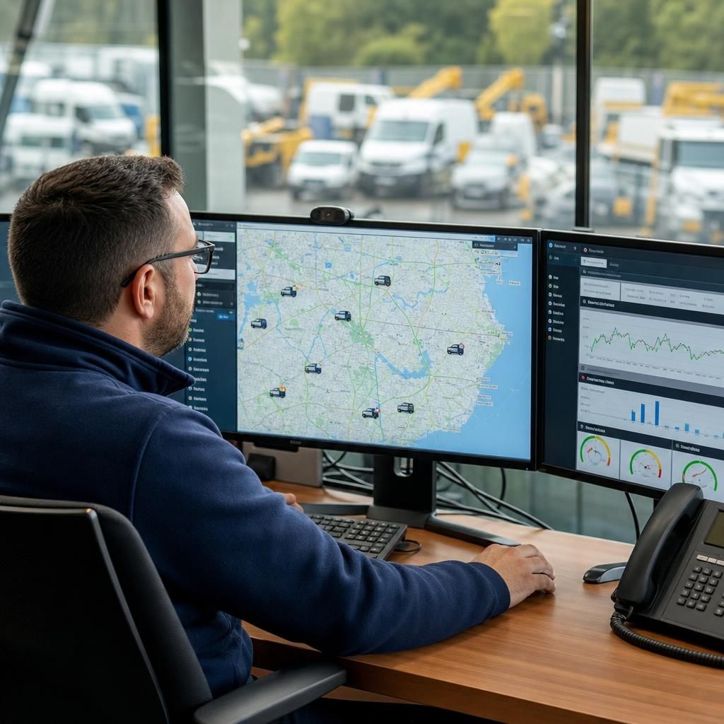 Team discussing fleet management strategies supported by GPS monitoring data