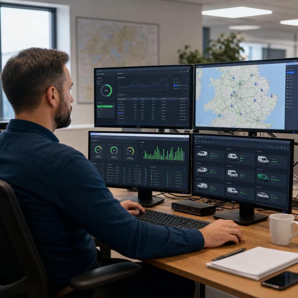 Fleet monitoring dashboard displaying vehicle locations and metrics