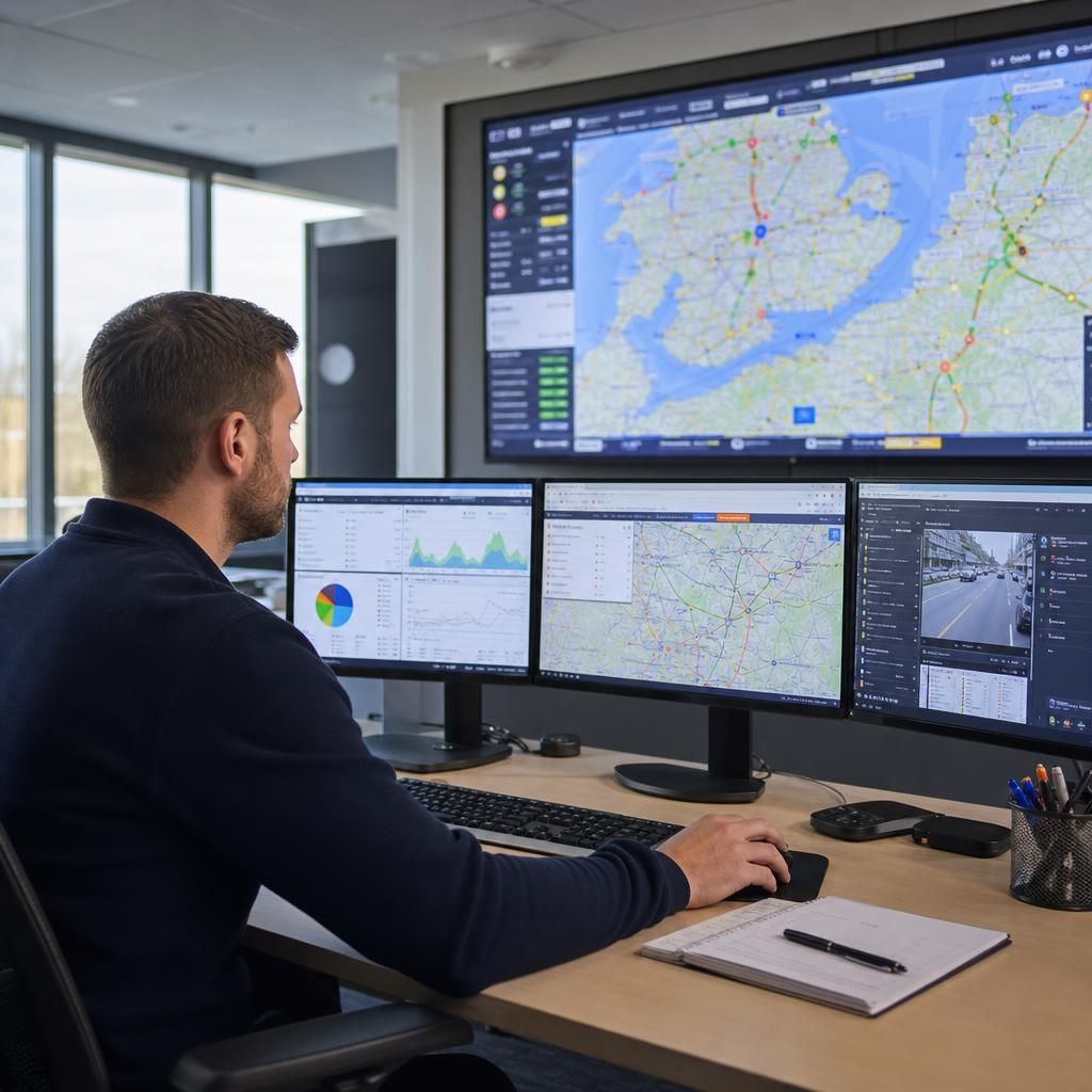 Fleet manager analysing GPS tracking data on a computer