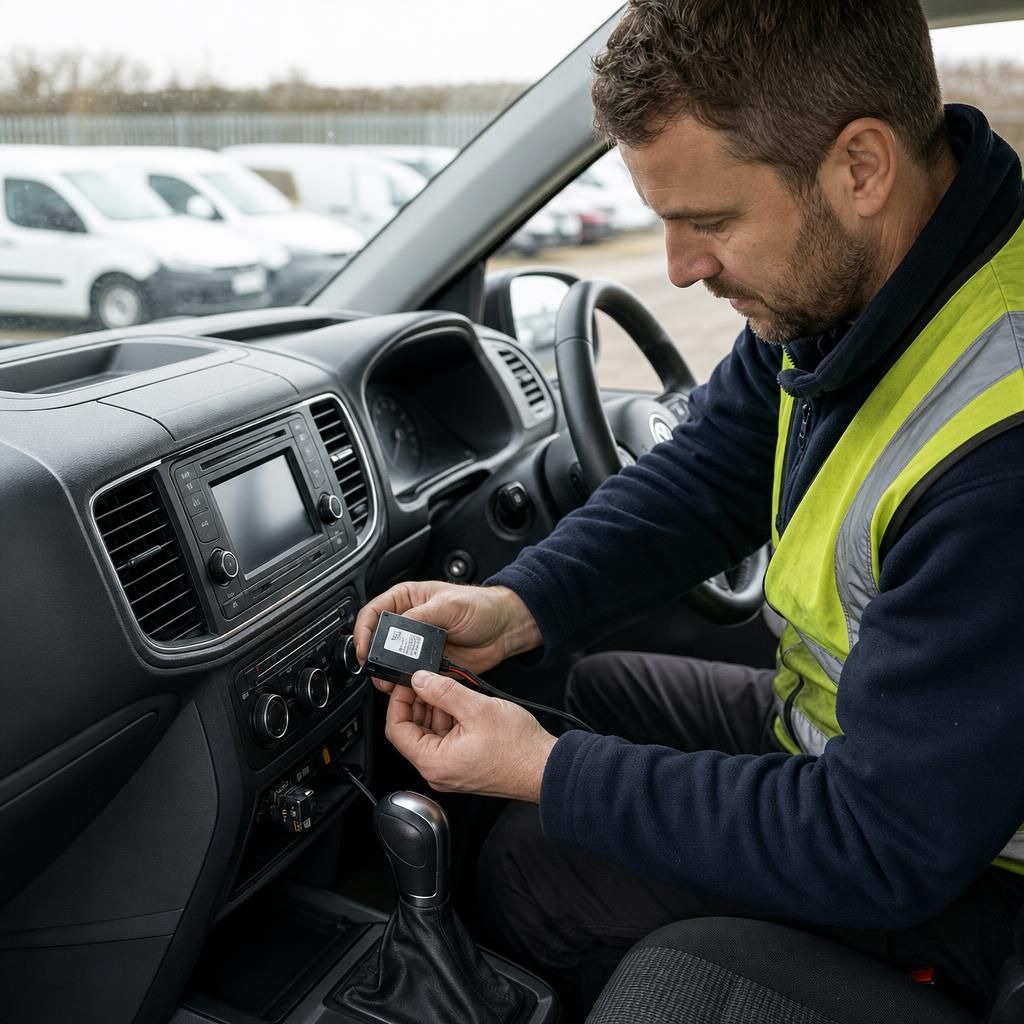 A technician installing a fleet tracker device in a vehicle dashboard