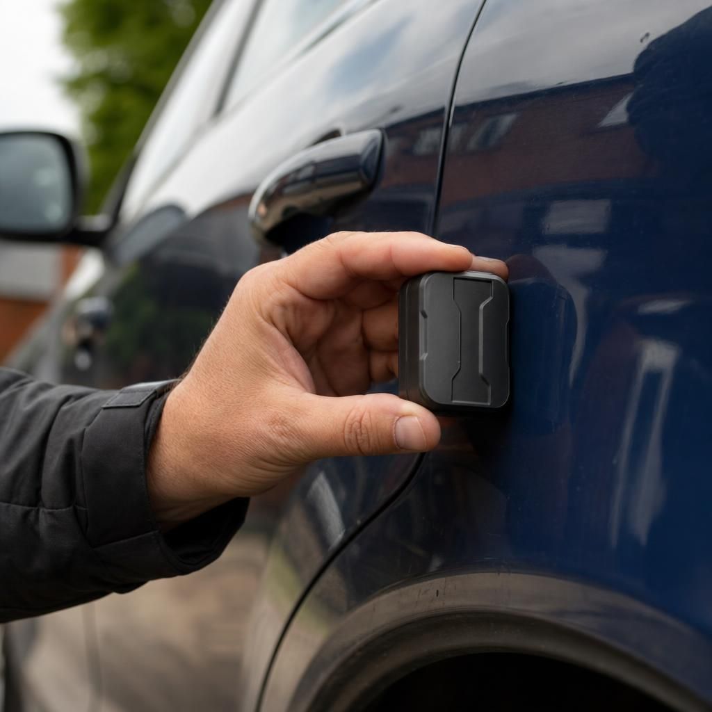 Hands Holding a Small GPS Tracker with Magnetic Base