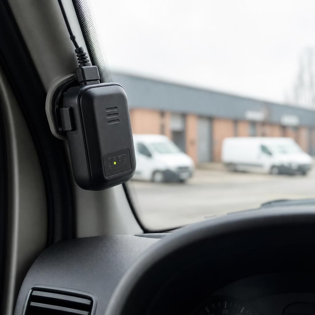 Close-up of a van tracking device mounted inside a van