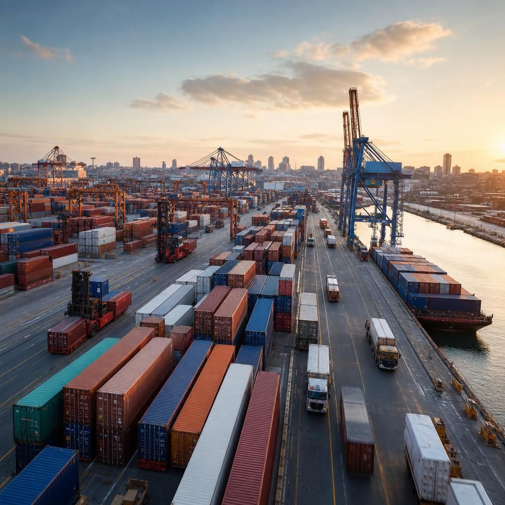 Satellites and map overlaid on a logistics terminal