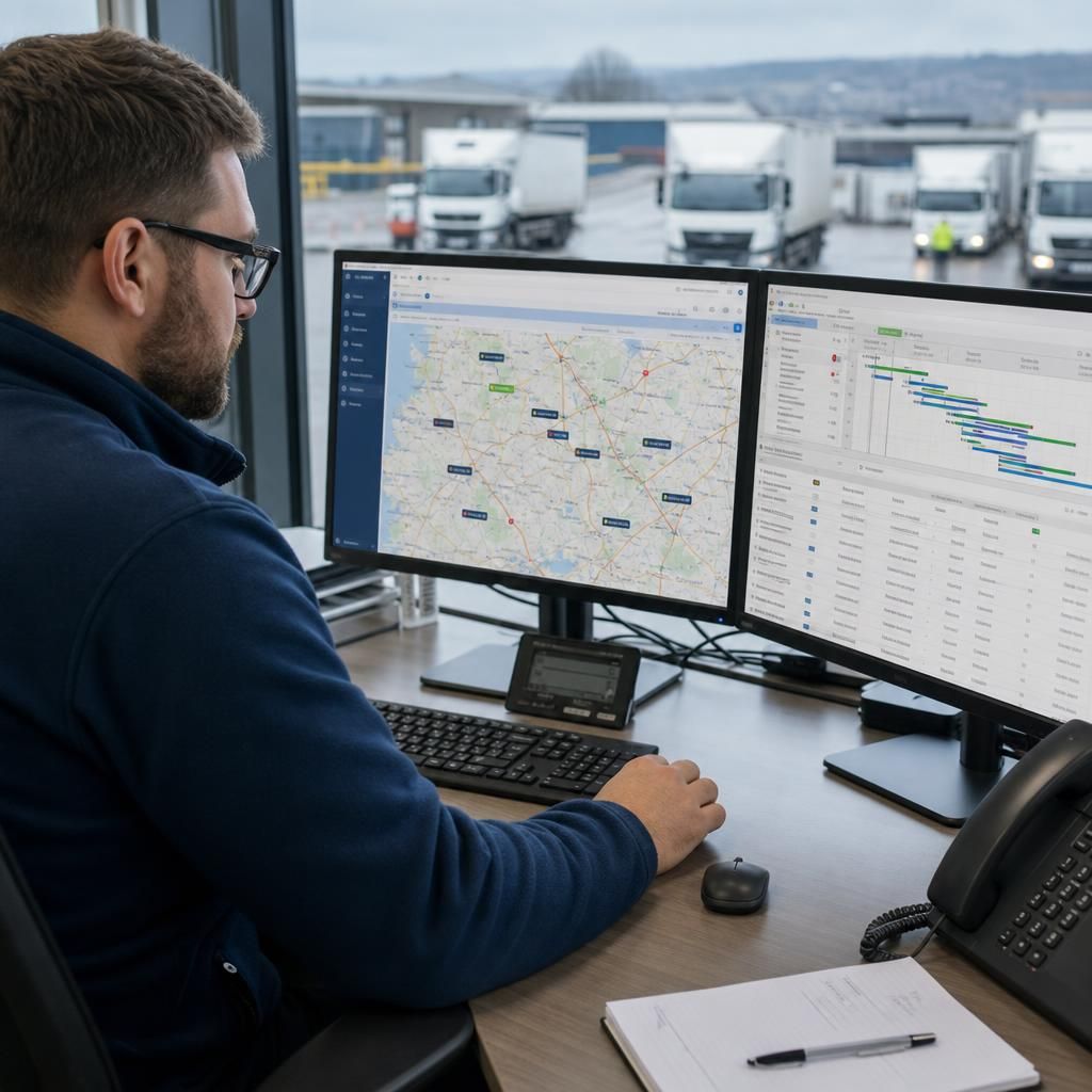 Logistics manager reviewing shipment data with real-time tracking