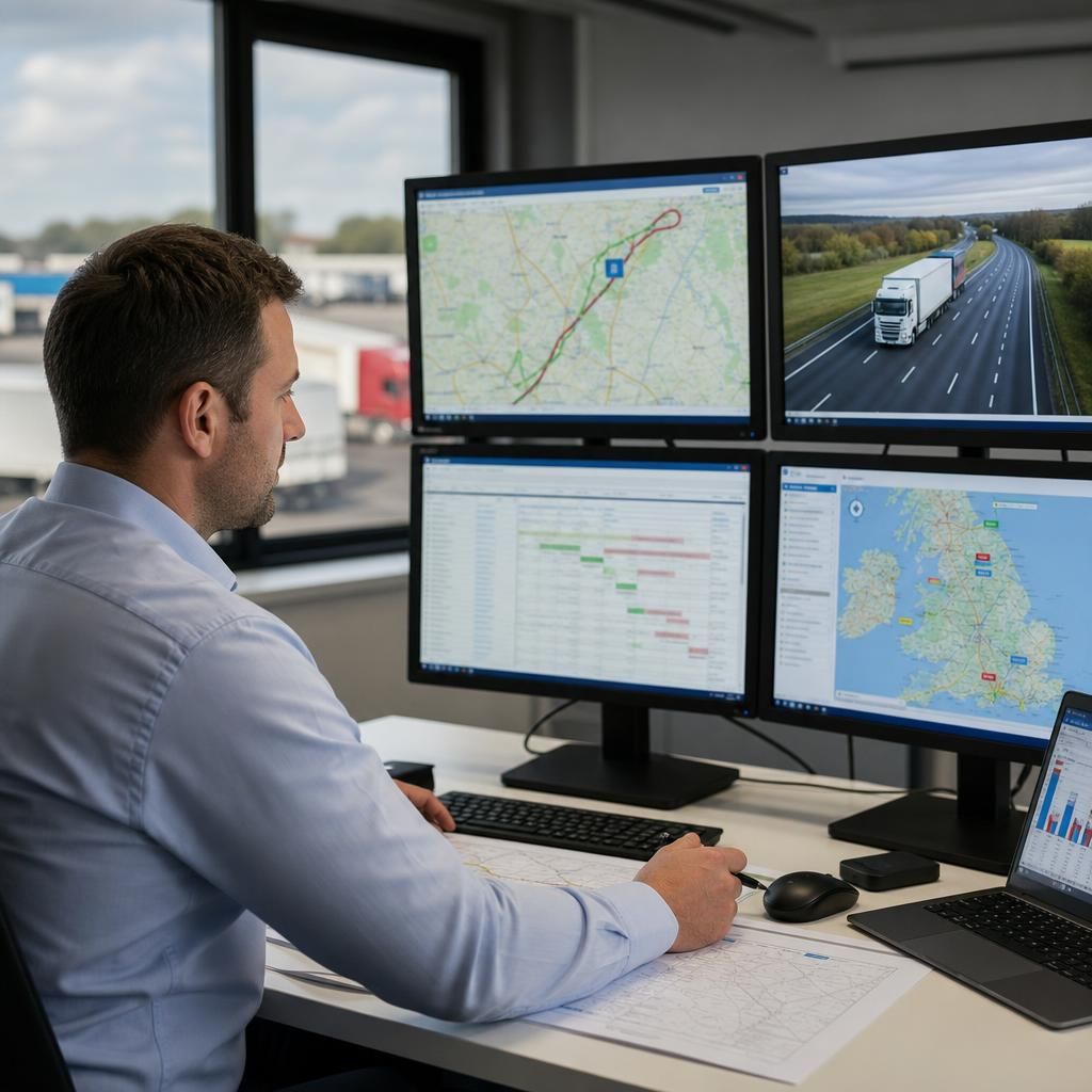 Logistics team monitoring multiple shipments on a digital dashboard