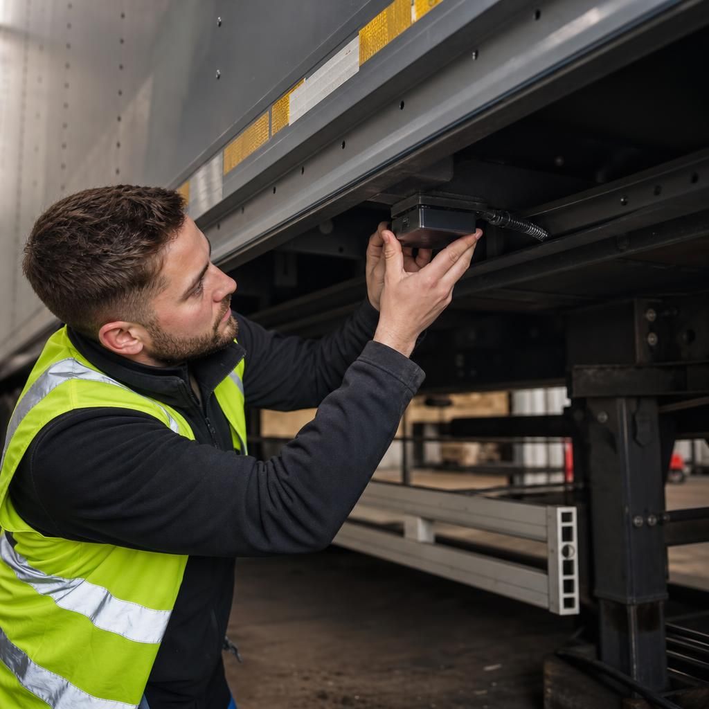 Technician installing GPS unit on trailer