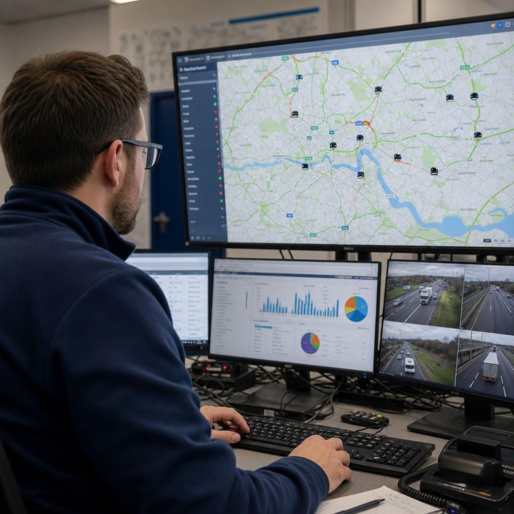 A fleet of service vehicles using GPS tracking