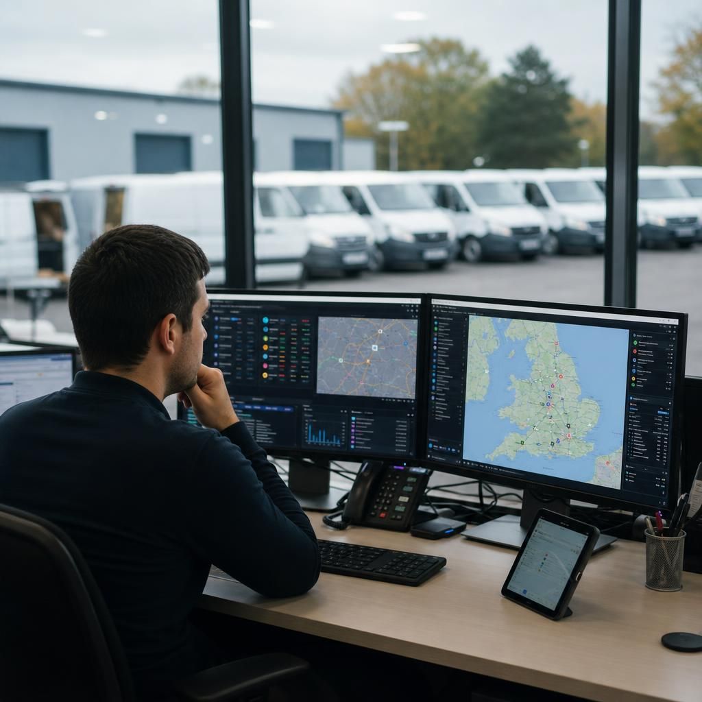 Fleet of business vehicles with tracking system indicators