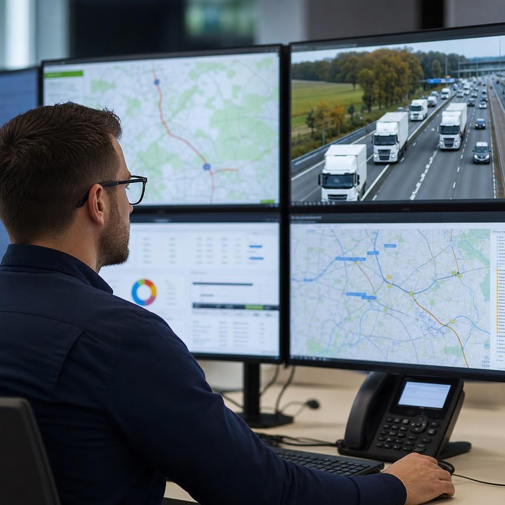 Delivery truck navigating through a busy urban area