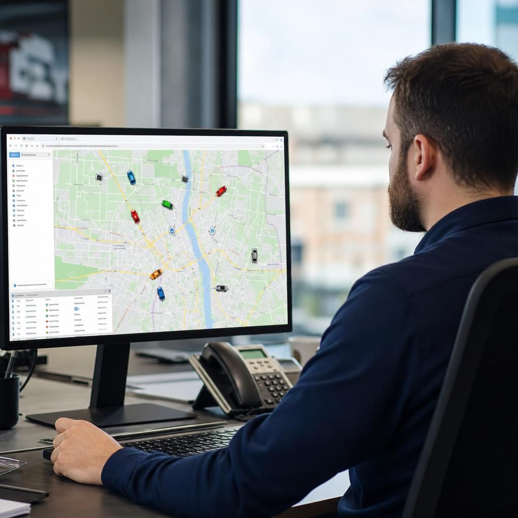 Service technicians with tracked company vans