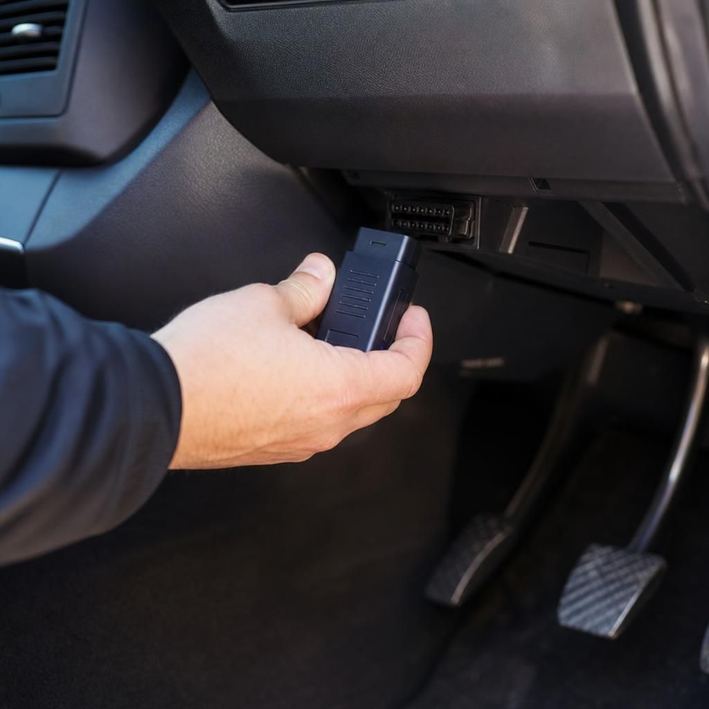 Mechanic installing OBD tracker in a vehicle