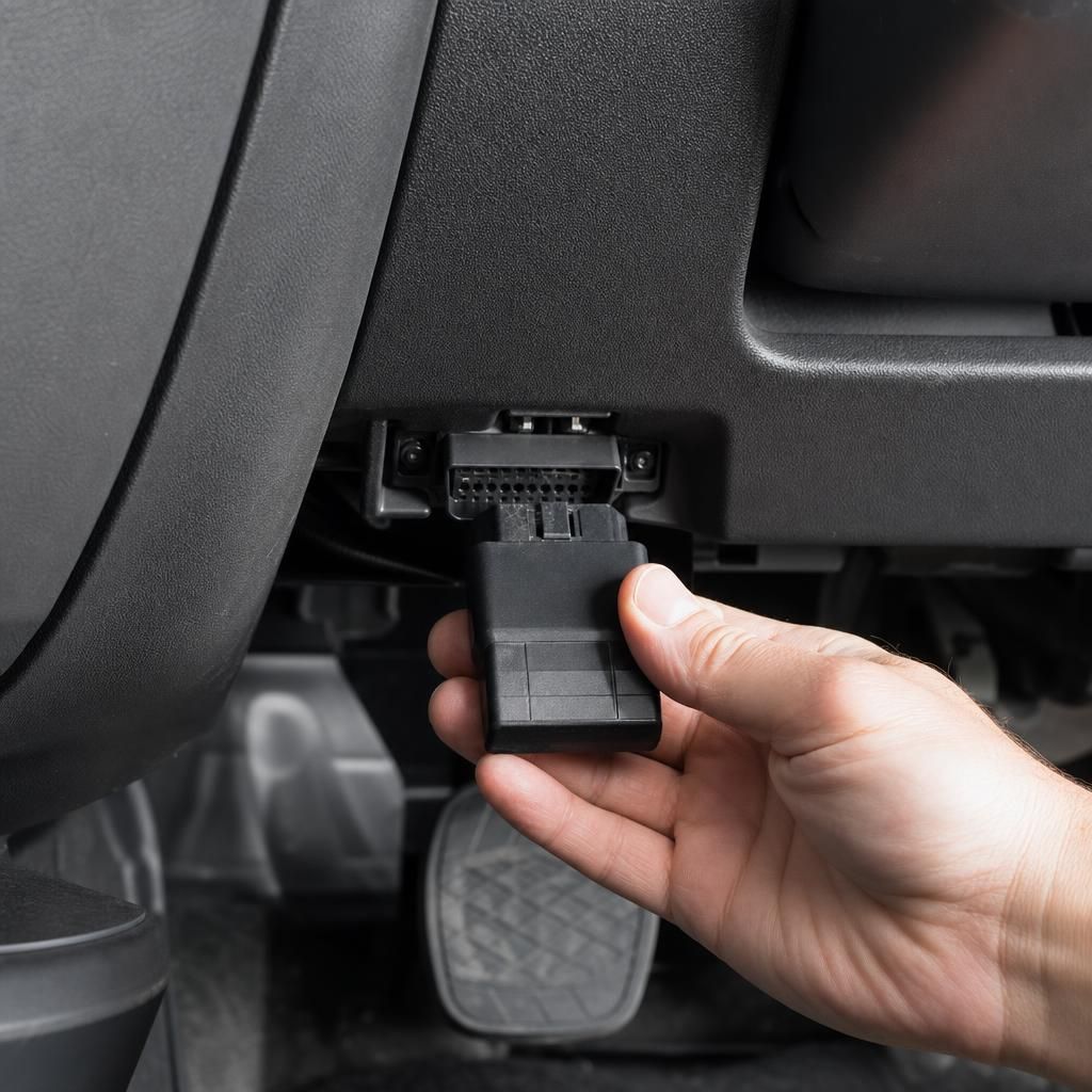 OBD tracker plugged into a vehicle port