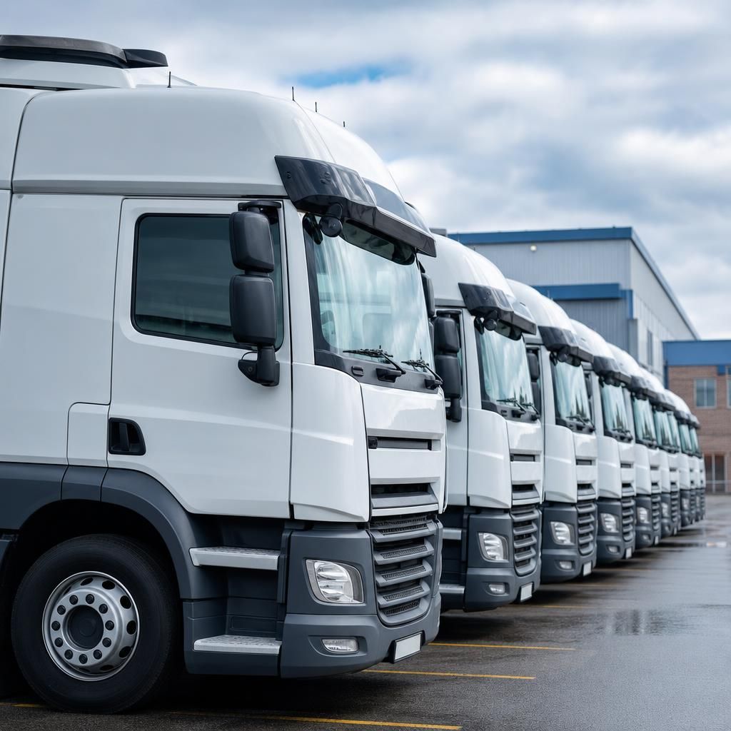 Fleet of trucks in depot yard