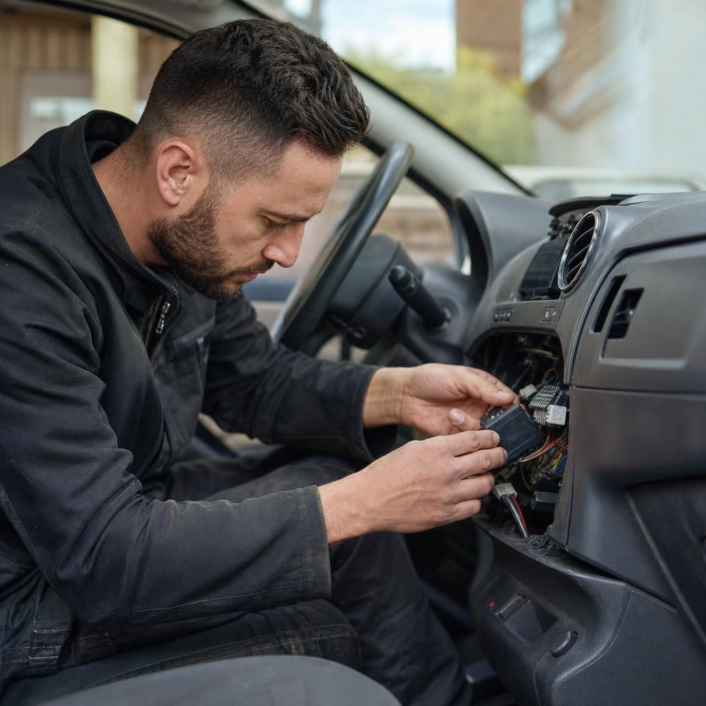 Technician installing a vehicle tracking system