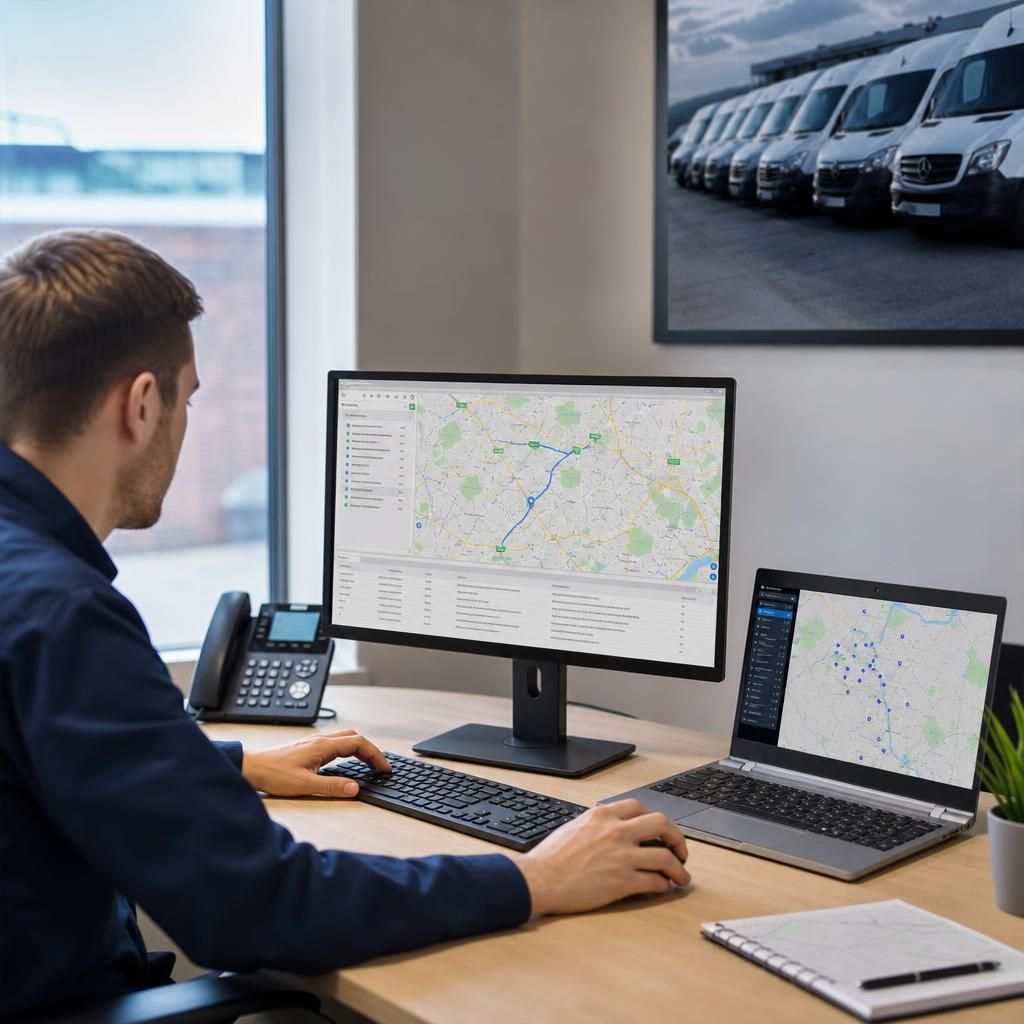 Fleet of delivery vans tracked by GPS.
